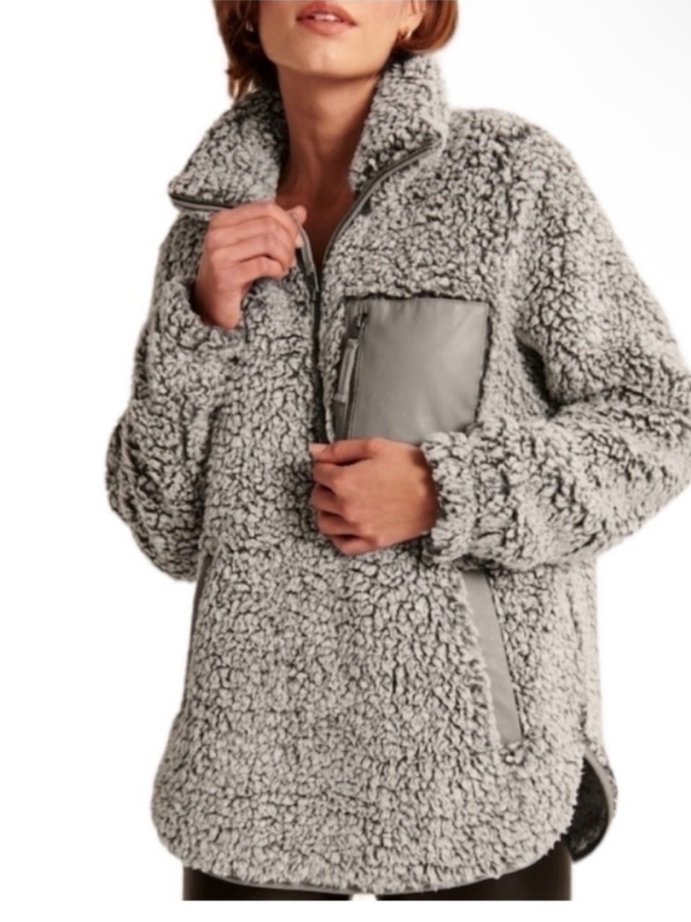 Abercrombie & Fitch Women's Gray Sherpa Pullover Jacket with Zip Pocket